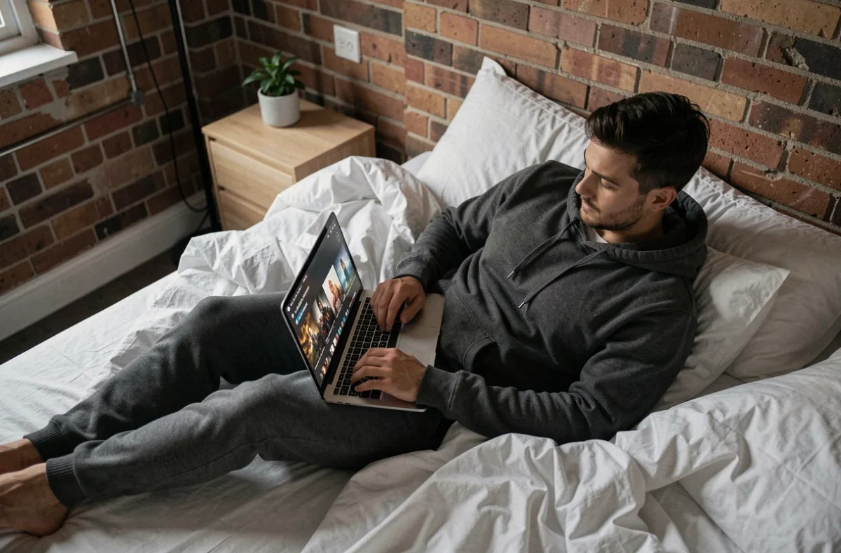 Homme naviguant sur une plateforme de streaming depuis son ordinateur portable dans une chambre moderne