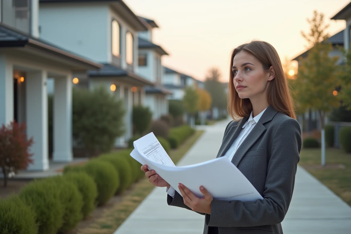 Jeune femme architecte regardant une maison neuve avec plan stecal