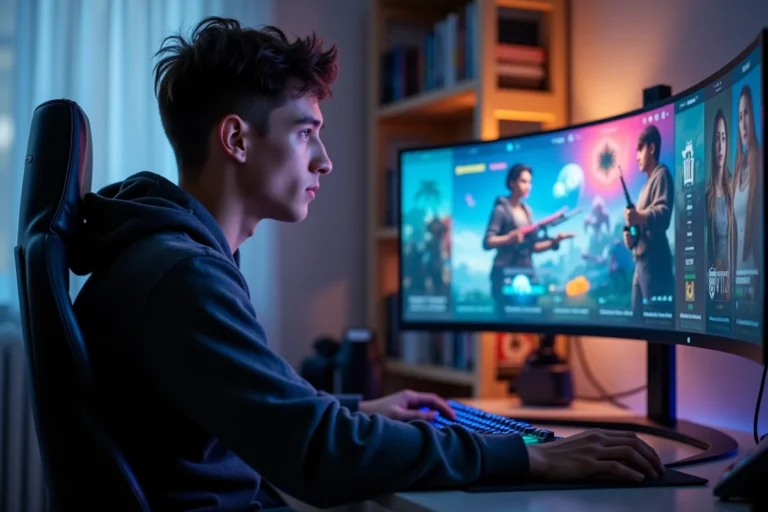 Joueur adulte parcourant des alternatives de téléchargement de jeux vidéo sur un écran ultrawide dans un bureau gaming moderne