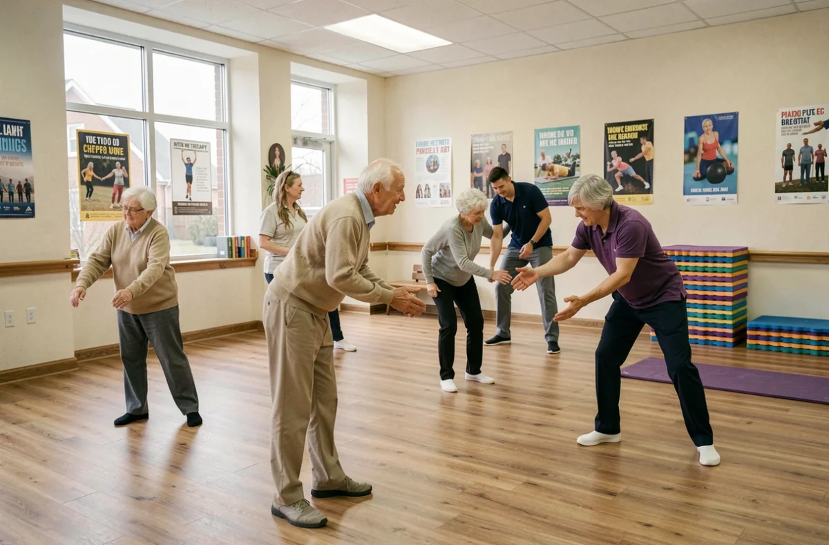 Séance de kinésithérapie en groupe pour seniors dans un centre communautaire, activité physique adaptée aux personnes âgées