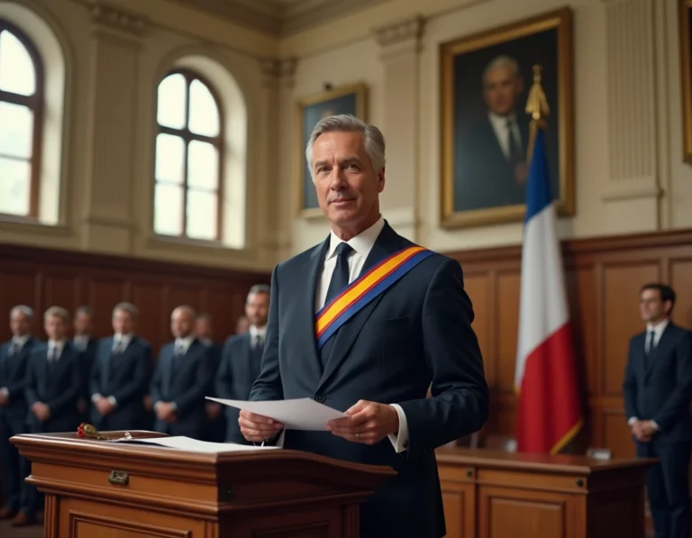Maire portant l'écharpe tricolore célébrant un mariage civil dans une salle de mairie ornée