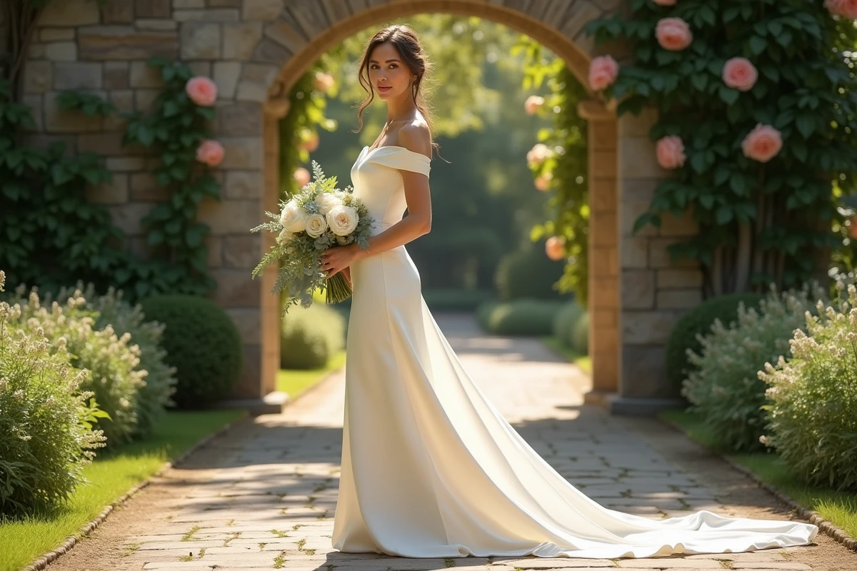 Mariée en robe de satin ivoire tenant un bouquet de pivoines blanches dans un jardin botanique romantique avec arche en pierre