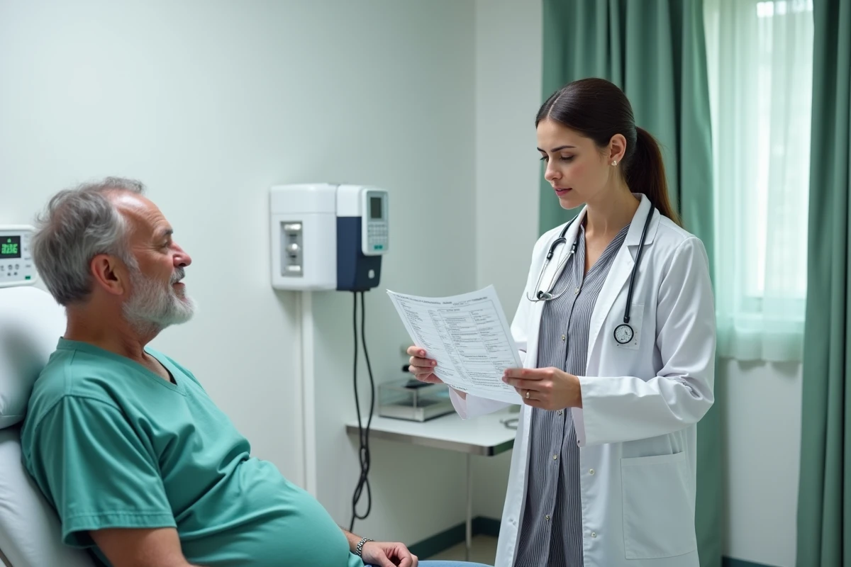 Médecin généraliste expliquant une ordonnance médicale à un patient lors d'un examen clinique
