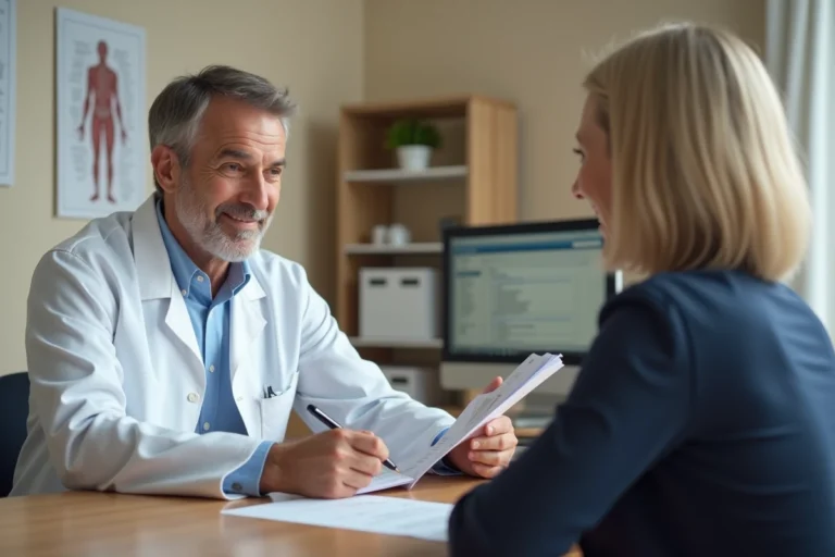 Médecin traitant en consultation avec une patiente dans un cabinet médical, échangeant sur son suivi de santé