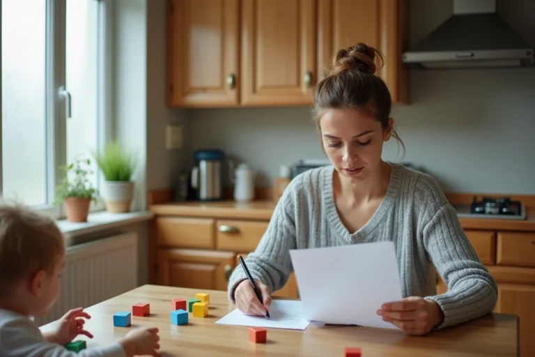 Mère consultant des ressources parentales à la table de cuisine pendant que son enfant joue à proximité