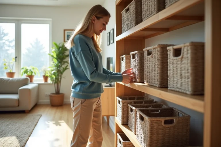 Femme organisant des paniers de rangement dans un salon lumineux