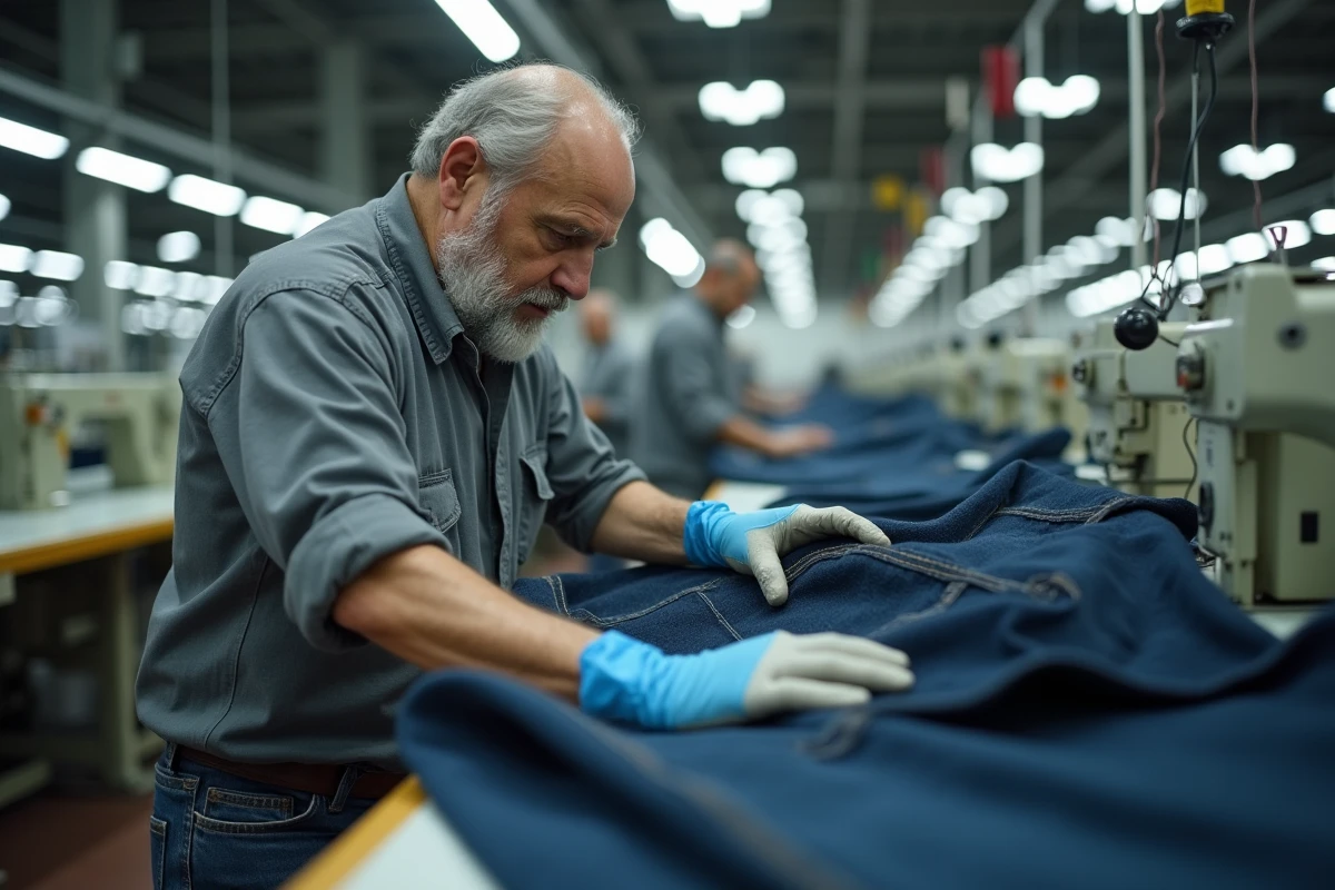 Ouvrier textile inspectant les coutures d'un jean en denim indigo dans une usine de confection en Asie du Sud