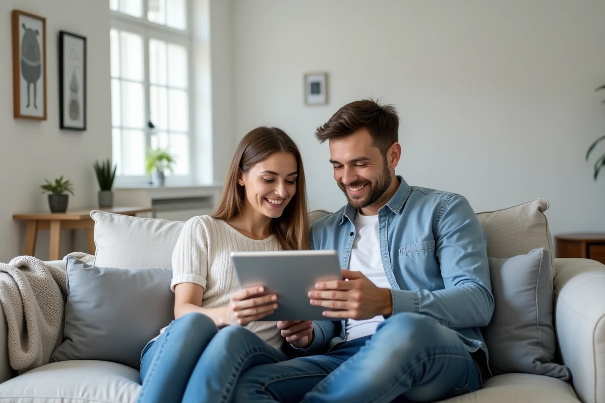 Couple de parents consultant ensemble des ressources parentales sur une tablette dans le salon