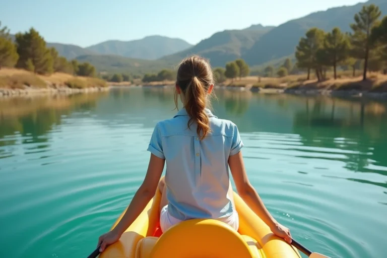 Jeune femme faisant du pédalo sur un lac calme entouré de végétation méditerranéenne près de Montpellier