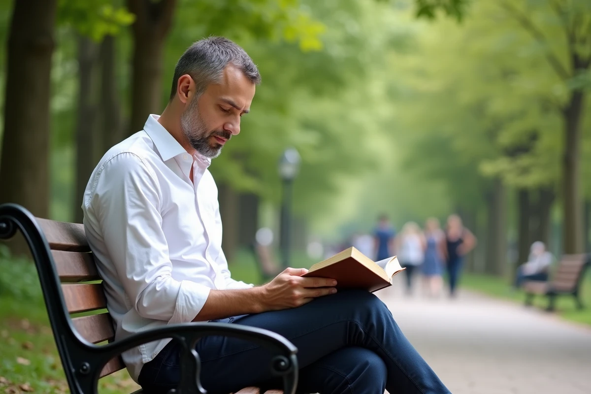 Père lisant un guide de conseils parentaux sur un banc de parc en milieu urbain