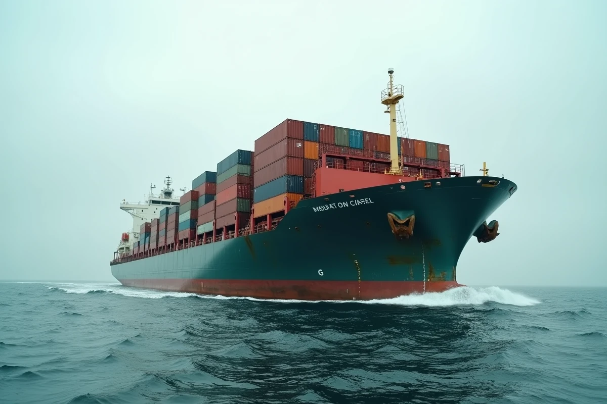 Porte-conteneurs chargé de conteneurs colorés traversant l'océan, symbolisant le transport mondial du textile