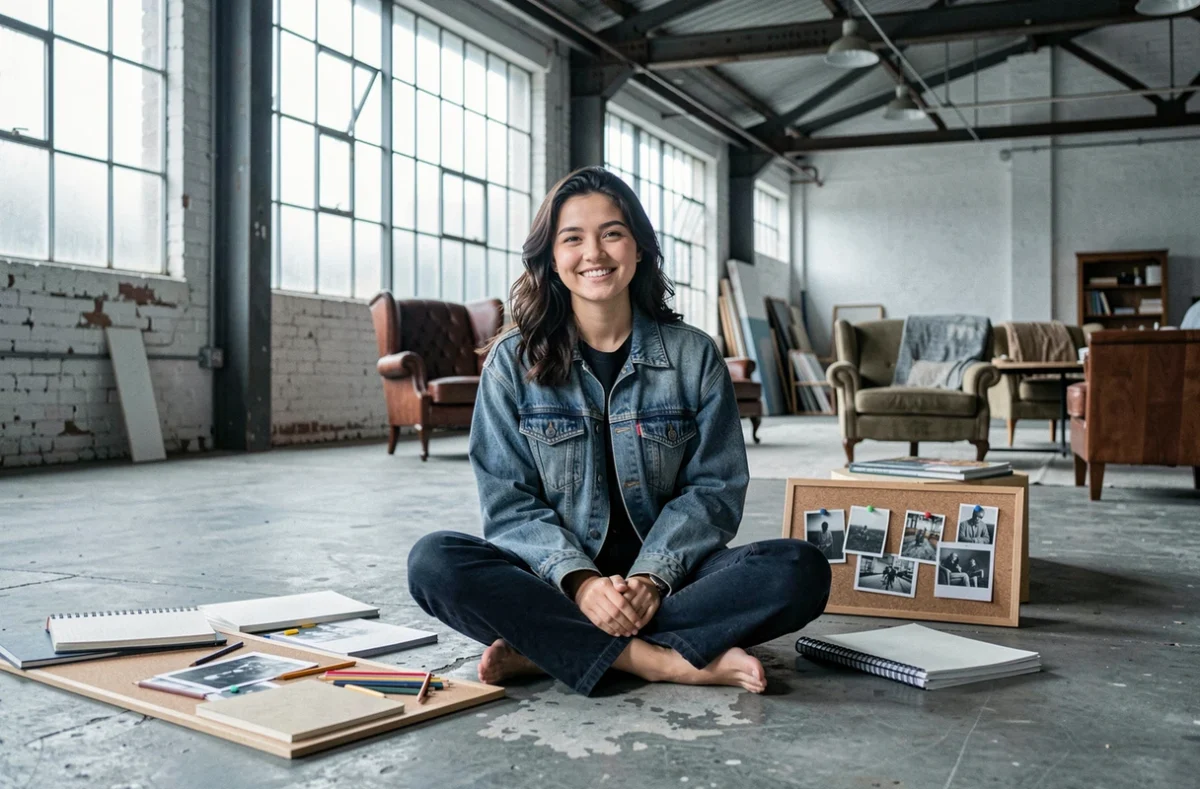 Portrait authentique d'une jeune artiste créative assise dans un loft industriel entourée de ses sketchbooks