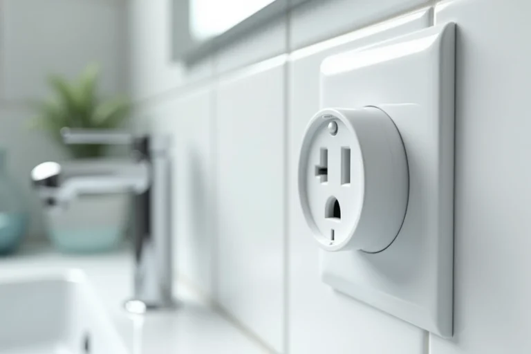 Prise électrique étanche IP44 installée sur carrelage blanc dans une salle de bain moderne, conforme aux normes de sécurité