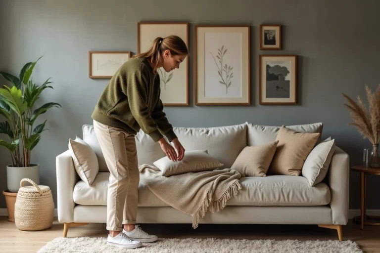 Femme arrangeant des coussins sur un canapé moderne dans un salon