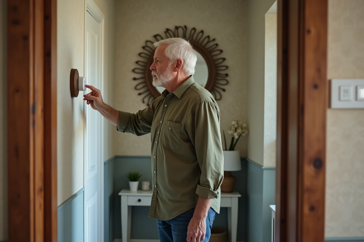 Homme ajustant un thermostat dans un couloir moderne