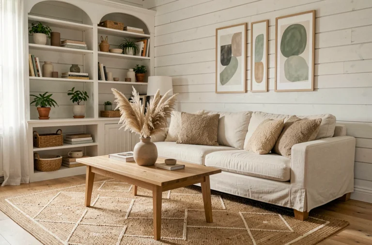 Salon scandinave cosy avec canapé en lin crème, coussins en laine, table en chêne et décoration naturelle minimaliste