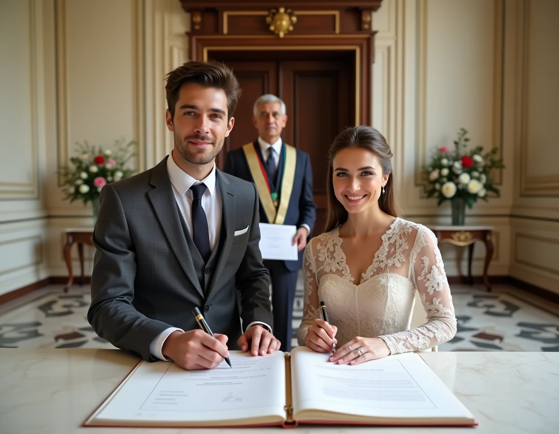 Couple signant le registre lors de leur mariage civil en mairie avec l'officiant