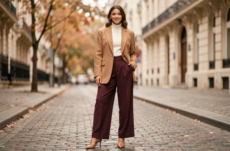 Femme élégante portant un blazer oversize camel et un pantalon large bordeaux dans une rue parisienne aux tons automnaux