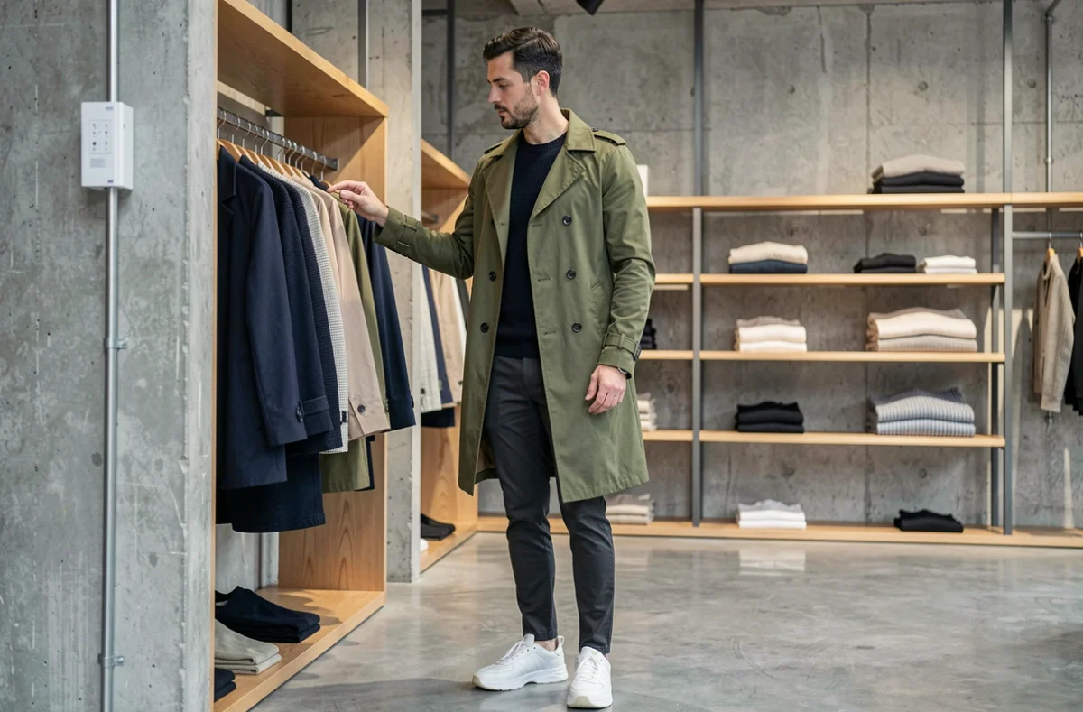 Homme tendance en trench coat kaki et sneakers blanches dans une boutique concept store minimaliste