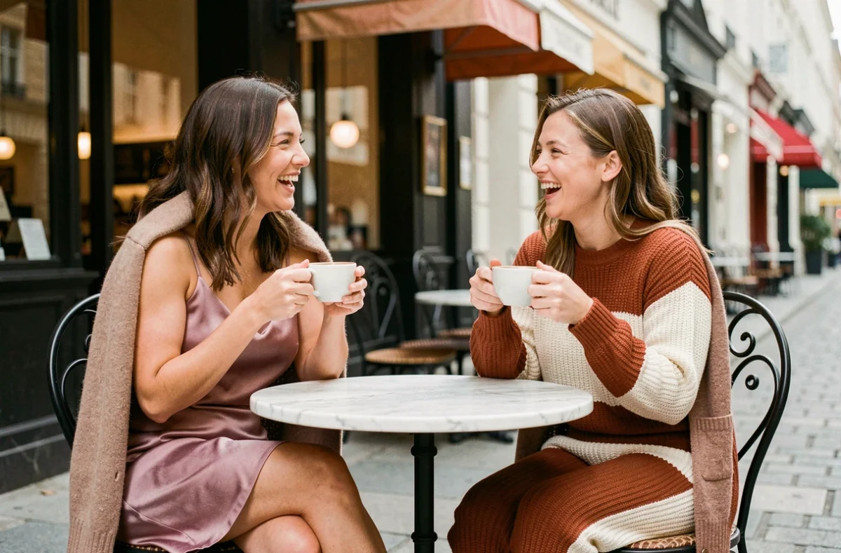 Deux femmes élégantes en tenues tendance automne assises à une terrasse de café parisien